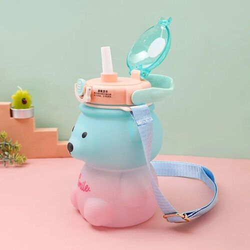 1000ml - Poudre Bleu Dégradé - Gobelet En Plastique Avec Paille Pour Enfants, Bouteille D'eau, Tasse Mignonne, Ours Kawaii, Sports De Plein Air, École, Filles, Été