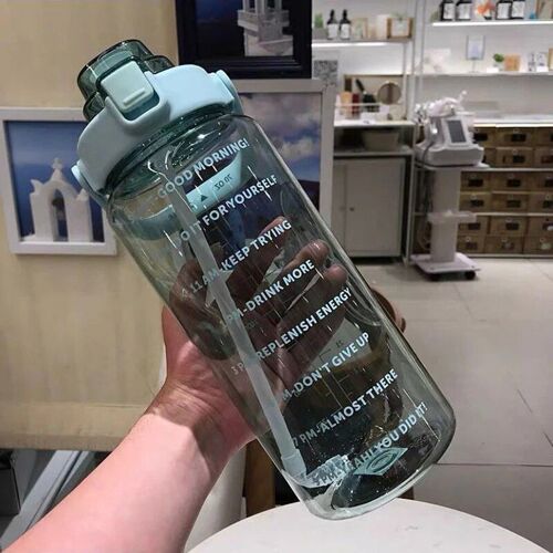 2l 64oz - Vert Transparent - Bouteille D'eau De Grande Capacité En Plastique Avec Paille, Gobelet À Haute Température, Échelle De Temps, Givré, Sports De Plein Air, Pour Couple, 2l