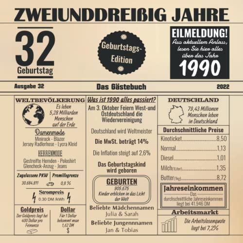 Zweiunddreißig Jahre Das Gästebuch: Zum 32 Geburtstag / Geburtsjahr 1990 / Zeitung Design Mit Ereignissen Im Jahre 90 / Geschenk Und Geburtstagsdeko / Platz Für Glückwünsche Und Fotos (German Edition)