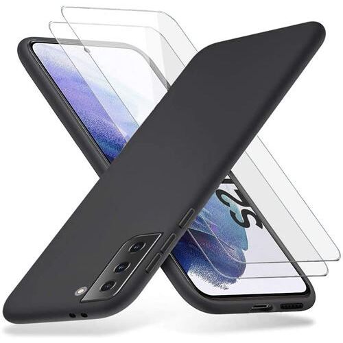 Coque Silicone NOIR Mat Pour Samsung Galaxy S21 + 2 Verre trempé Film Protection écran - Anti Rayures - Ultra Résistant Dureté 9H