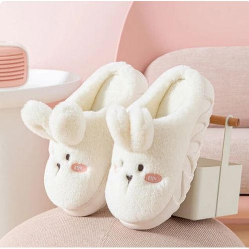 Chaussons Lapinou, Blanc T38/39 Pantoufles Lapin Mignon, Animaux Chaussons Interieur Confort, Peluche, Pantoufle En Velours Pour Hiver, Garde-Chaud