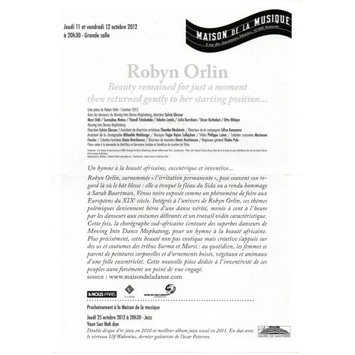 Flyer Robyn Orlin " Beauty Remained For Just A Moment Then Returned Gently To Her Starting Position..."