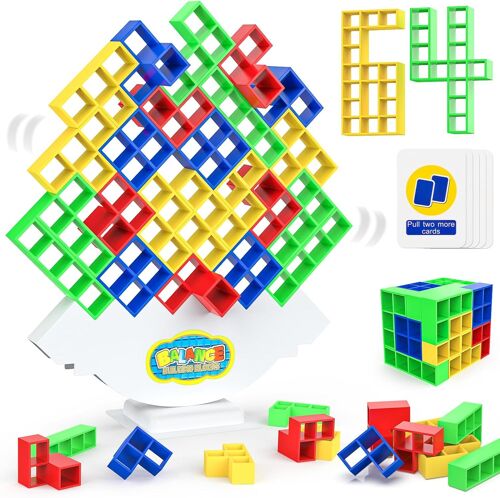 64pcs Tetris Tower, Jouet D'equilibre pour Enfant Swing Stack Attack High Balance Jeu Société Adulte, Cadeau pour Garçon Fille 3+ Ans