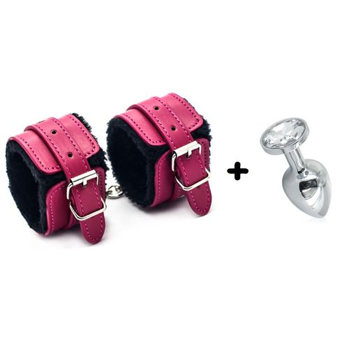 Lot Menottes + Rosebud : Cuir Fourrées Poignet Réglable Confortable Bondage Jouet Adultes Bdsm Sextoys Soumission - Rose Fushia - Noir