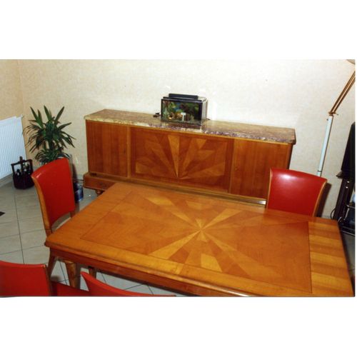 Table De Salle À Manger + Chaises En Similicuir Rouge + Buffet Avec Marbre