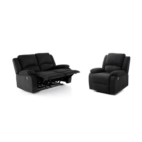 Relaxxo - Ensemble Canapé Relax Manuel Leo 2 Places + Fauteuil Manuel En Microfibre - Noir
