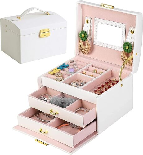 Boite a Bijoux, Rangement Bijoux Boite a Bijoux Femme, Boîte à Bijoux en Cuir PU avec 2 tiroirs, Coffre à bijoux verrouillable avec miroir, Boîte de voyage portable, Doublure en velours
