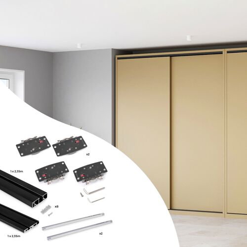 Emuca Kit de ferrures pour Flow2 2 portes coulissantes et armoire à fermeture souple avec rails de surface de 2,35m, panneaux non inclus, Peint en noir