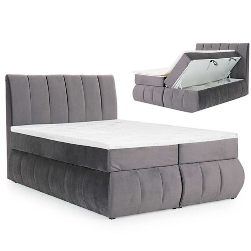 Lit Boxspring 140x200 Avec Coffre De Rangement En Velours Gris - Valeria