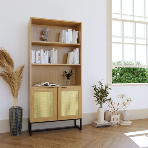 Bibliothèque Scandinave 2 Portes 2 Étagères En Bois Métal Et Cannage Tullio