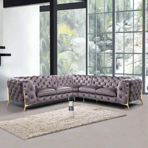 Canapé D'angle Capitonné Chesterfield Velours Gris Carmen