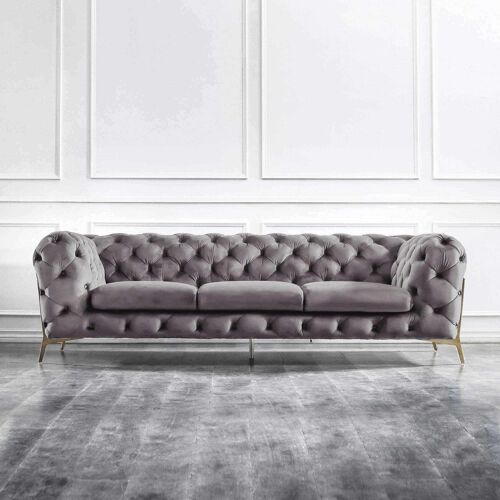 Canapé 3 Places Capitonné Chesterfield Velours Gris Carmen
