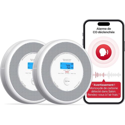 Détecteur de Fumée et de Monoxyde de Carbone Connecté avec Fonction d¿Alerte Vocale en Français, Détecteur de Fumée Wi-FI Compatible avec Home Security App, XP0A-iR, Lot de 1