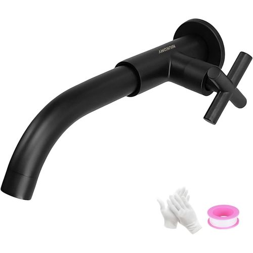 Robinet Mural de Jardin Noir, Robinets Murale Lavabo en Laiton, Pivotant à 360° Robinet de d'évier Eau Froide D'extérieur, G1/2, 23CM