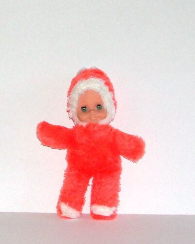 Poupon Bébé Poupée De Chiffon Orange Blanc Peluche Doudou Ancien Yeux Dormeur Avec Cils