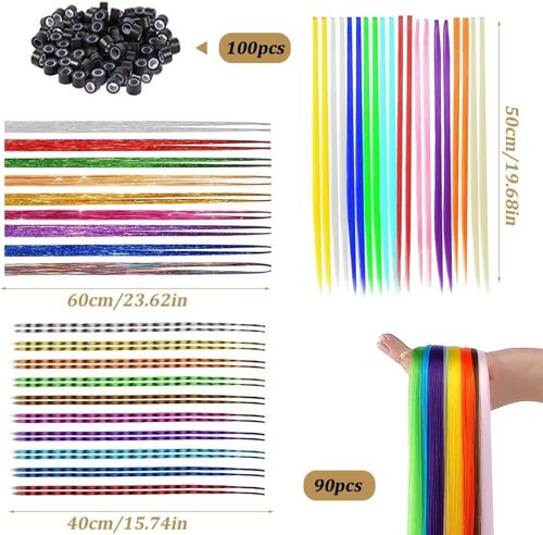 Kit Extension De Cheveux À Plume 90 Mèches, Pince Professionnelle + Crochet & 100 Anneaux, Cheveux Synthétiques Doux Pour Coiffures Élégantes (Enfants/Adulte)¿ 