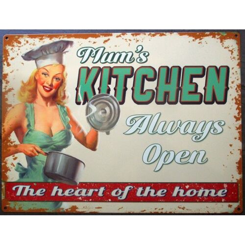 Plaque Pin Up Mum's Kitchen Cuisine Toujours Ouverte Tole Metal Style Affiche Retro 50's Usa