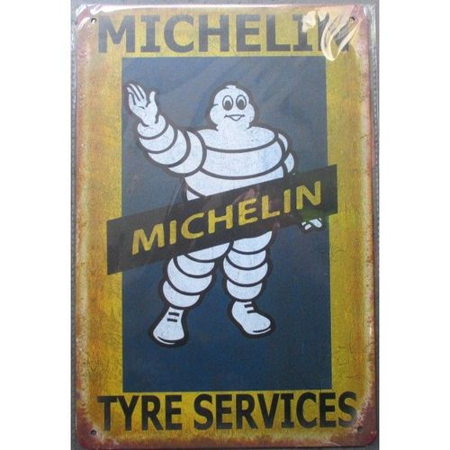 Plaque Tole Michelin Tyre Service Jaune Bleu Aspect Vieillit 30x20cm Tole Pub Garage Diner Loft