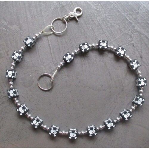 chaine de portefeuille dé noir et crane pirate blanc biker tete de mort