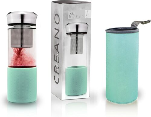 Théière Teamaker - Bouteille De Thé À Emporter En Verre Avec Passoire Pour Le Thé En Vrac, Y Compris Sachet En Néoprène | 400ml (Turquoise)