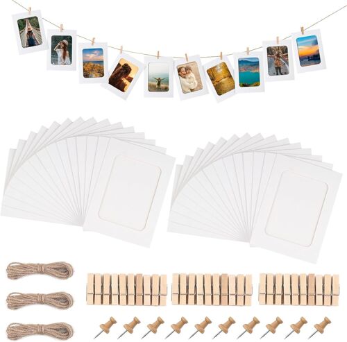 30 Pcs cadre photo carton,10 x 15 cm DIY Kraft Cadre Photo en Papier,guirlande photo,Décoration murale suspendue avec 30 clips et 3 kits de ficelle de chanvre (blanc)
