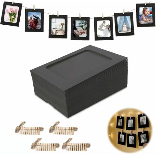 Lot de 50 cadres photo en papier de 5"" 9,8 x 13,2 cm - Noir - Guirlande photo avec 50 pinces en bois et 5 rouleaux de ficelle de chanvre - Sacs photo à suspendre - Convient pour les
