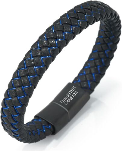 ¿ Veille De Nuit ¿ Le Bracelet De L'homme En Cuir Véritable Noire Cordon Rouge/Bleu Fermoir Magnétique Titane 21.5cm Avec Le Boîte-Cadeau Gratuit