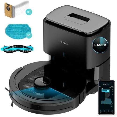 Robot Aspirateur Conga 7490 Immortal X-Treme avec Navigation Laser. Nettoyage 4 en 1 : Balaye, Aspire, Lave et Passe la Serpillière, 2600 Pa, 120 Min d'autonomie, Brosse Multifonction