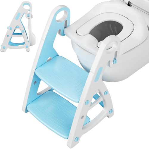 Reducteur Toilette Enfant, Marche Pied Siège De Toilette Pour Enfant 2 En 1, Support Triangulaire, Rehausseur Toilette Avec Escalier, Coussin Anti-Éclaboussures, Marches Agrandies, Bleu