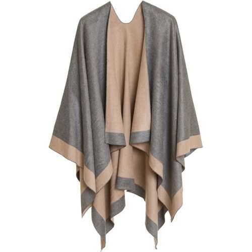 Colourblocked Shawl Wrap Poncho - Khaki, Pull Cardigan Ouvert Pour L'automne/Hiver