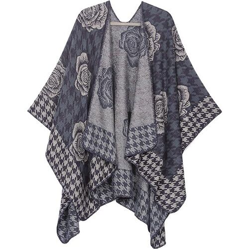 Cape Châle Réversible Florale À La Mode Pour Femmes - Bleu, Modèle De Cardigan De Pull Châle