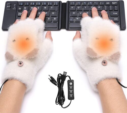 Gants Chauffants blance USB Mitaines Chauffantes USB Gants d'hiver tricotés Gants Chauffants Demi-Doigts pour Ordinateur Portable, 3 réglages de température, Cadeau d'hiver, 5V, Lavable
