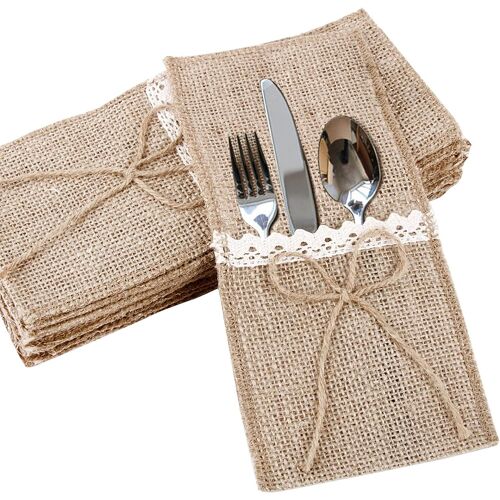 20pcs Porte Couvert Sac Toile Jute Dentelle Mariage Pochette De Vaisselle Fourchette Jute Vintage Baptême Champêtre Décoration Table Fournitures De Fête Noël Noeud Jute