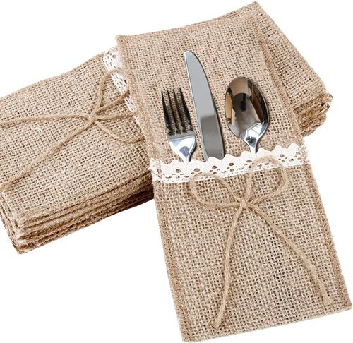 20pcs Porte Couvert Sac Toile Jute Dentelle Mariage Pochette De Vaisselle Fourchette Jute Vintage Baptême Champêtre Décoration Table Fournitures De Fête Noël Noeud Jute