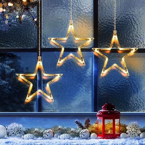 3pcs Guirlandes Lumineuses Pour Fenêtre,Lumières De Décoration De Noël, Ornements Étoiles À Cinq Branches, Étanches Pour L'extérieur, Toile De Fond De Noël Pour Fenêtres, Murs, Portes,Blanc Chaud