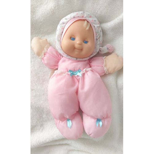 Doudou Vintage Poupée Rose Et Blanche Puffalump Fisher Price Tissu Bonnet Coeurs Étoiles Grises Et Mauves