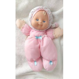 Doudou Vintage Poupée Rose Et Blanche Puffalump Fisher Price Tissu Bonnet Coeurs Étoiles Grises Et Mauves
