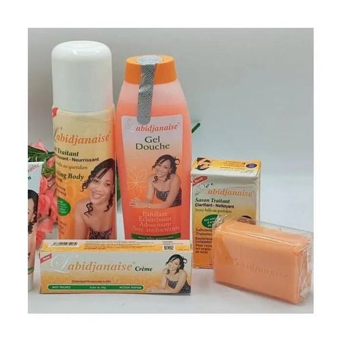 Mini Gamme L'abidjanaise ¿ Gel Douche, Lait Corporel, Savon & Crème Anti-Taches Intense | Éclaircissement Rapide | Banane Jaune Multicolore