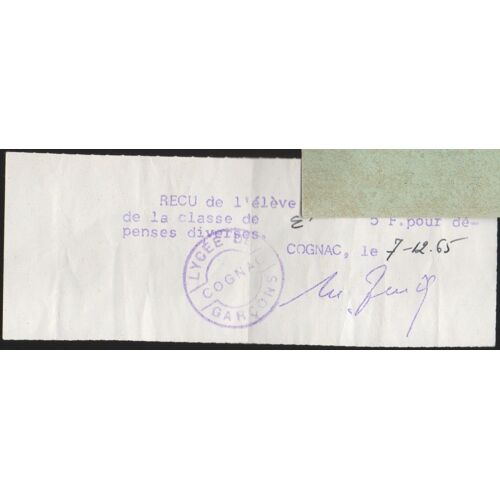 Reçu Pour Dépenses Diverses Lycée De Garçons Cognac 1965