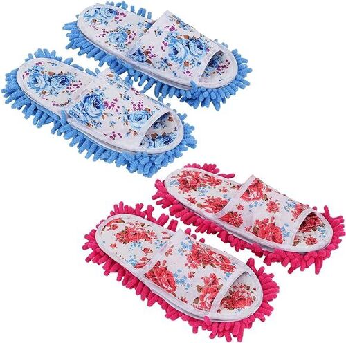 Lot De 2 Paires De Pantoufles En Microfibre Pour Nettoyage Du Sol - Lavables Et Amovibles - Réutilisables - Pour Salle De Bain, Bureau, Cuisine - Bleu + Rose Rouge - Taille Eu 40-42, Mélangé