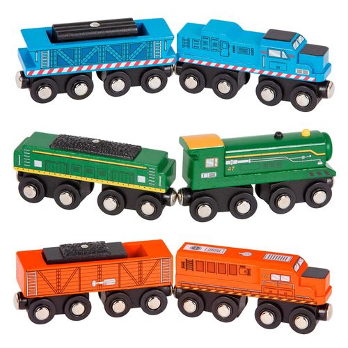 Battat Bt2708z - Ensembles Trains Voyageurs En Bois - 3 Sets Locomotive Et Wagon - Bleu Vert Orange - Magnétiques - D S 3 Ans