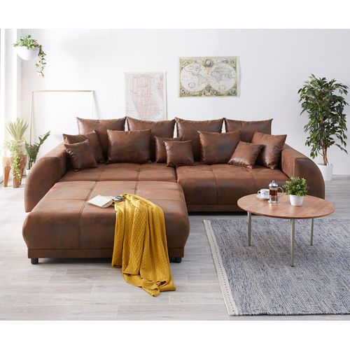 Canapé Violetta Marron 310 X135 Cm Aspect Antique Incluant Tabouret Coussin Grand Canapé
