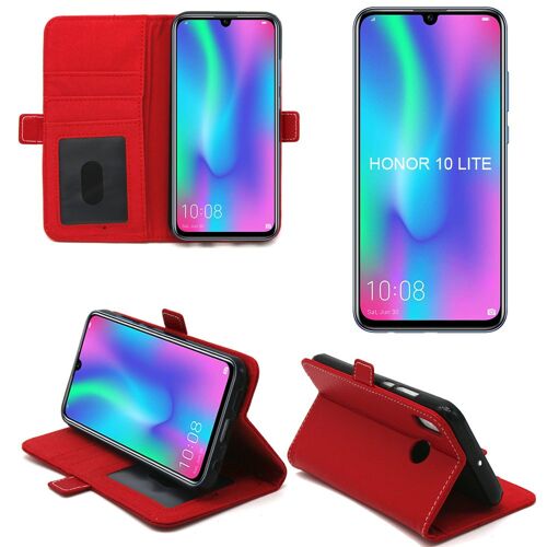 Huawei Honor 10 Lite : Housse Protection Portefeuille rouge à Rabat avec Porte Cartes - Etui Folio Coque Silicone Antichoc Smartphone 2019 - Accessoires Pochette Case