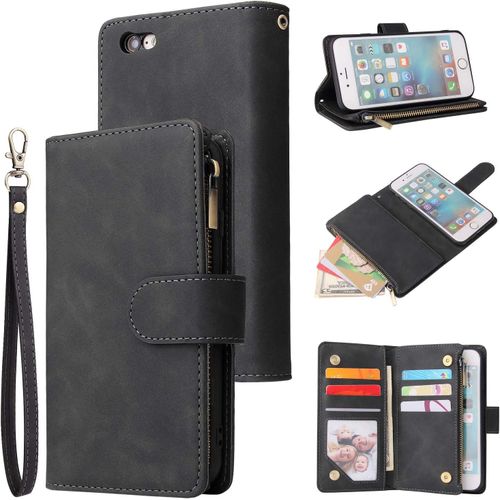 Coque Pour Iphone 6/Iphone 6s, Pu Flip Case Fentes De Cartes Fonction Support, Fermeture - Noir