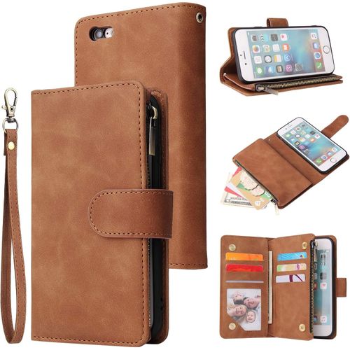 Coque Pour Iphone 6/Iphone 6s, Pu Flip Case Fentes De Cartes Fonction Support, Fermeture - Brun