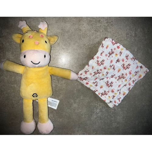 Doudou Girafe Jaune Inextenso Jouet Bébé Auchan Peluche Mouchoir Coton Imprimé Bébés Girafons Soft Toy Giraffe