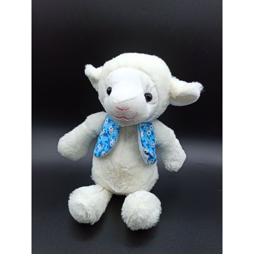 Doudou peluche mouton agneau - Auchan - gilet bleu fleur - env. 26cm