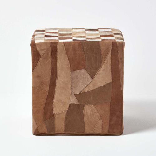 Pouf En Cuir De Chèvre Motifs Patchwork 36 X 36 X 38 Cm Déhoussable