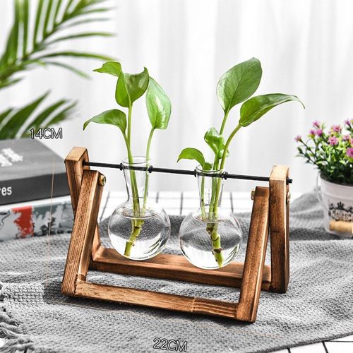 JAUNE - Pot de fleurs en verre et bois, plantes hydroponiques de bureau, bonsaï, Pots suspendus avec plateau en bois, Vases de décoration de maison