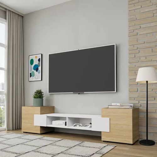 Meuble Tv Komodee Torino Finition Mate Blanc Arctique Chêne Huilé 35 X 181 X 40 Cm